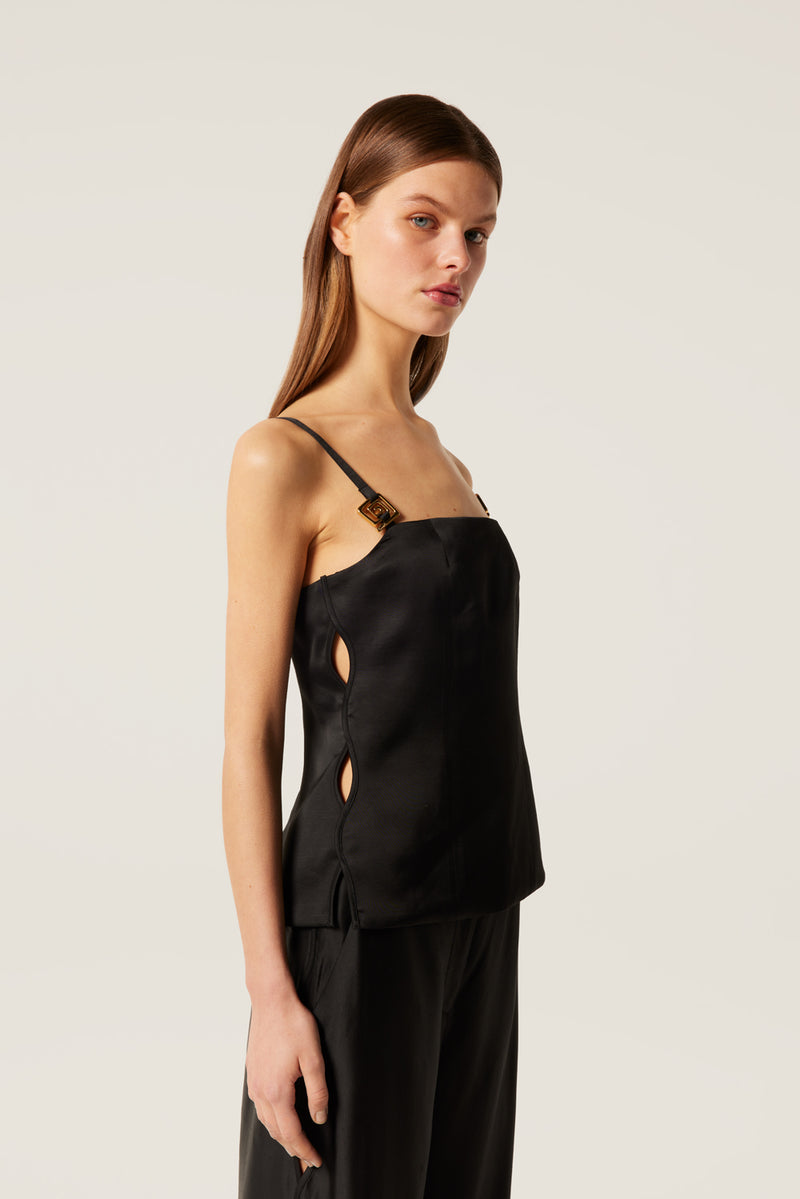 Top en satin à bijoux dorés