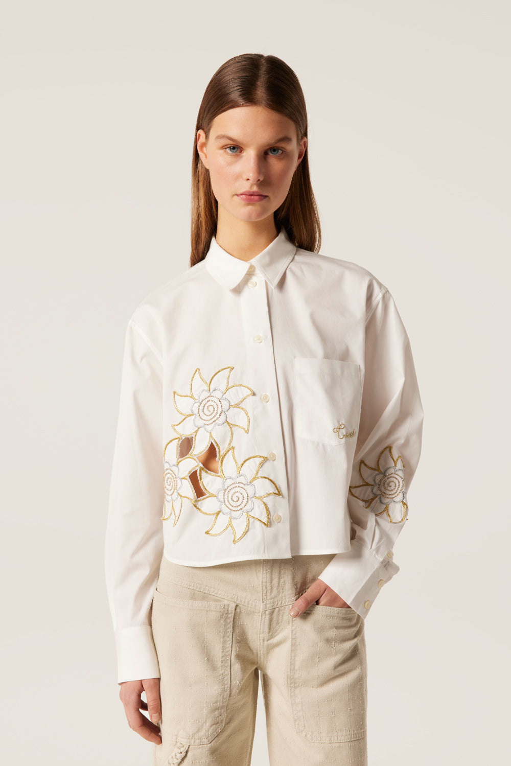 Short shirt with gold embroidery