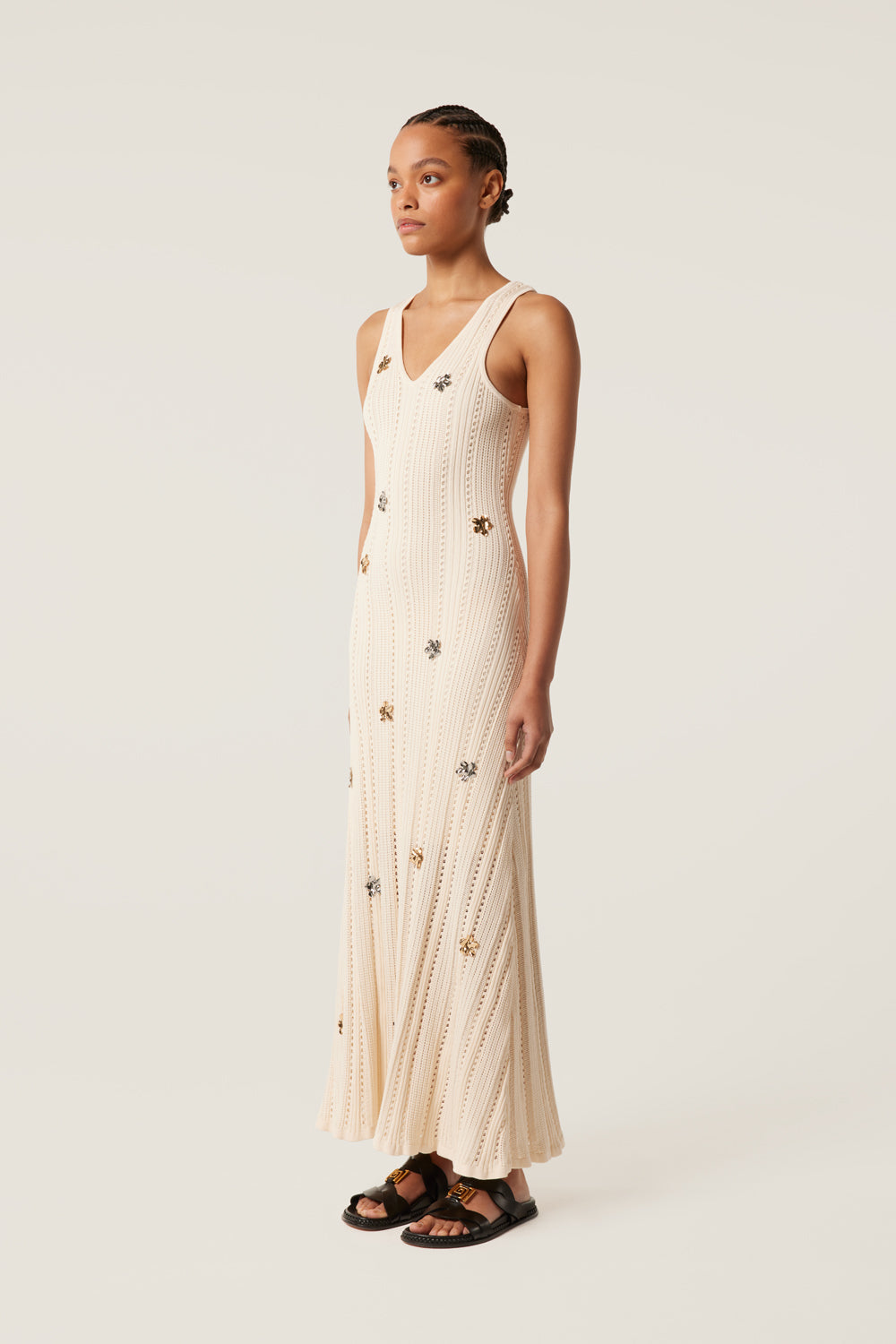 Robe longue à fleurs métalliques