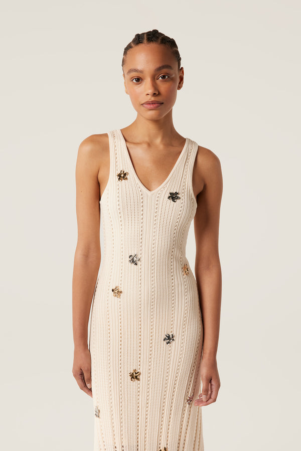 Robe longue à fleurs métalliques