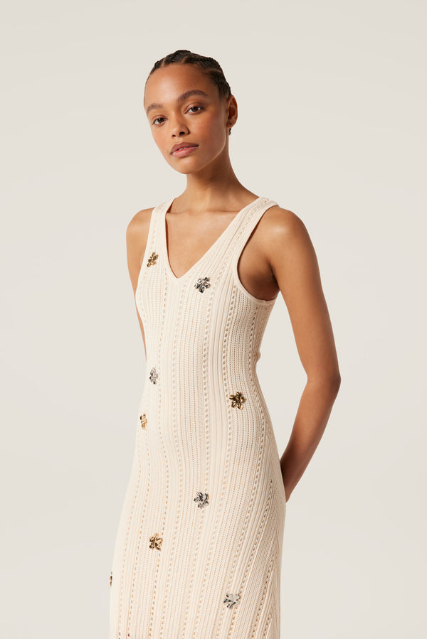 Robe longue à fleurs métalliques