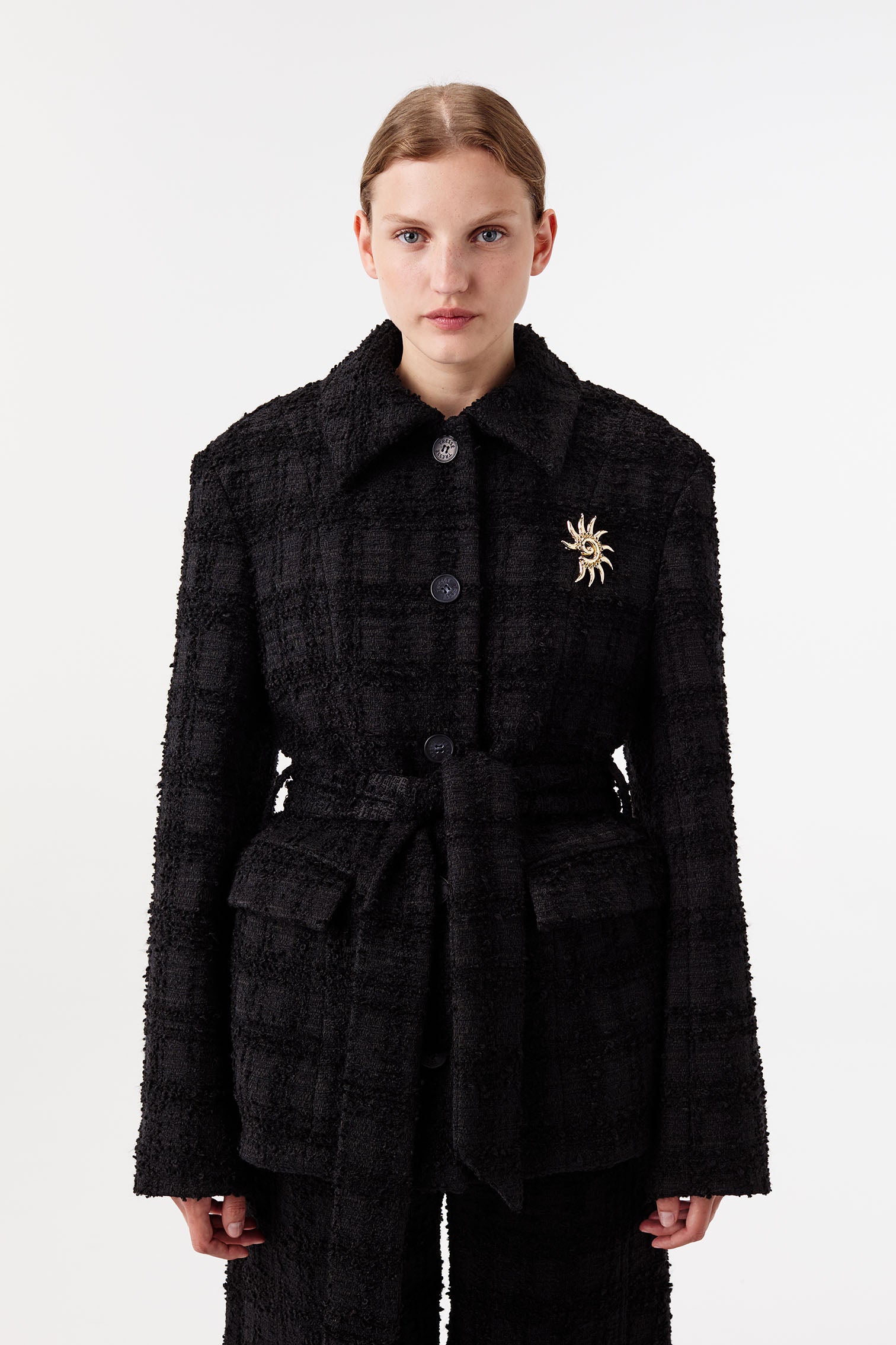 Black Belted Tweed Jacket with Gold-Tone Brooch | Tressé