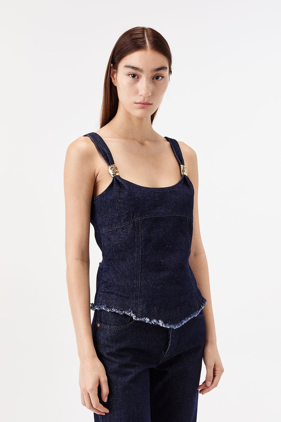 Top en denim à bijoux dorés