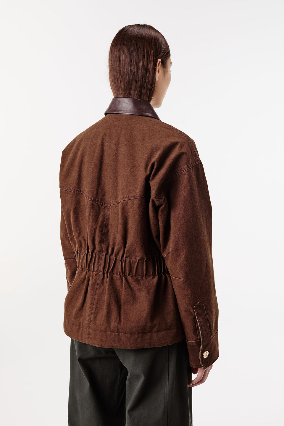 Cotton canvas jacket with leather collar