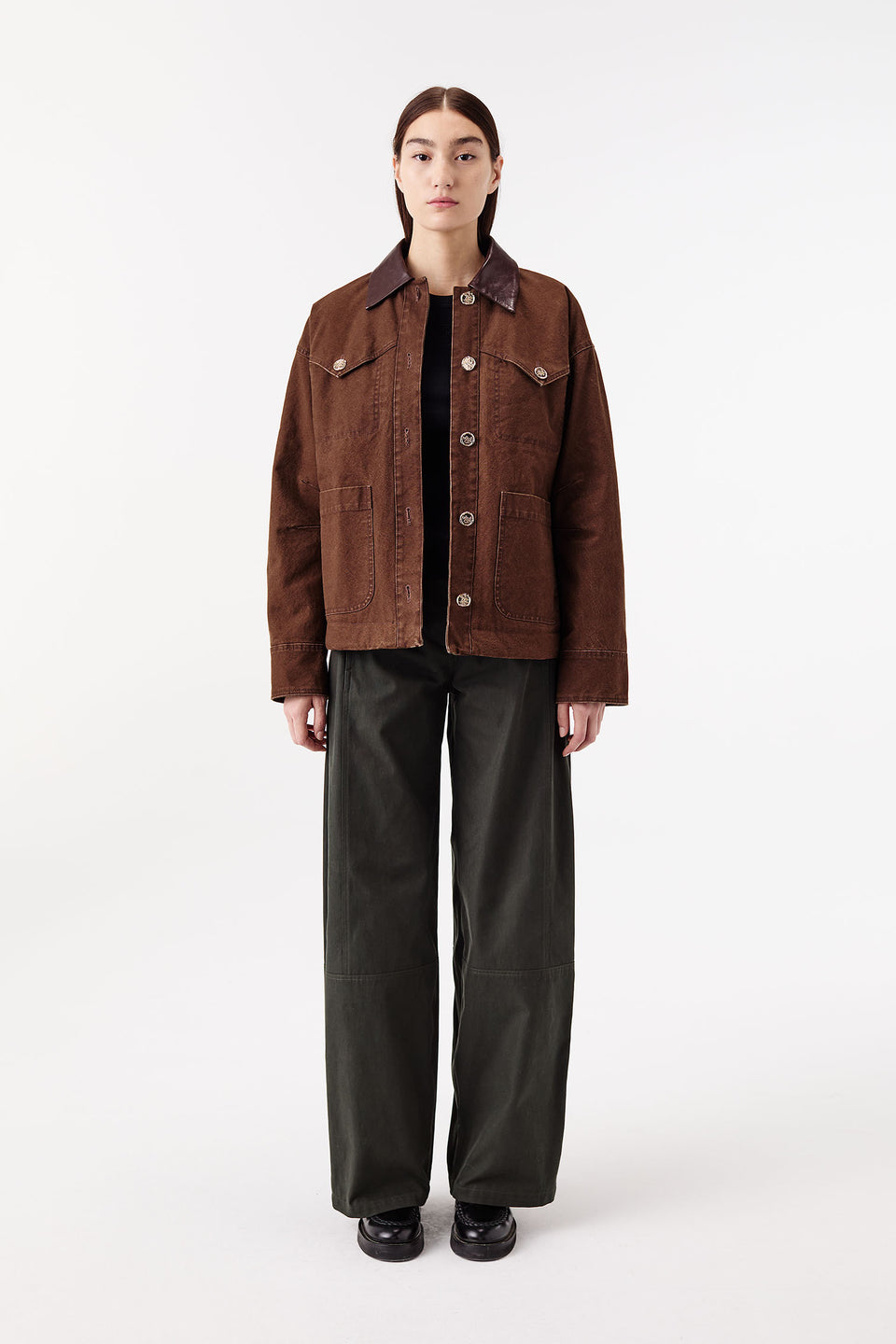 Cotton canvas jacket with leather collar
