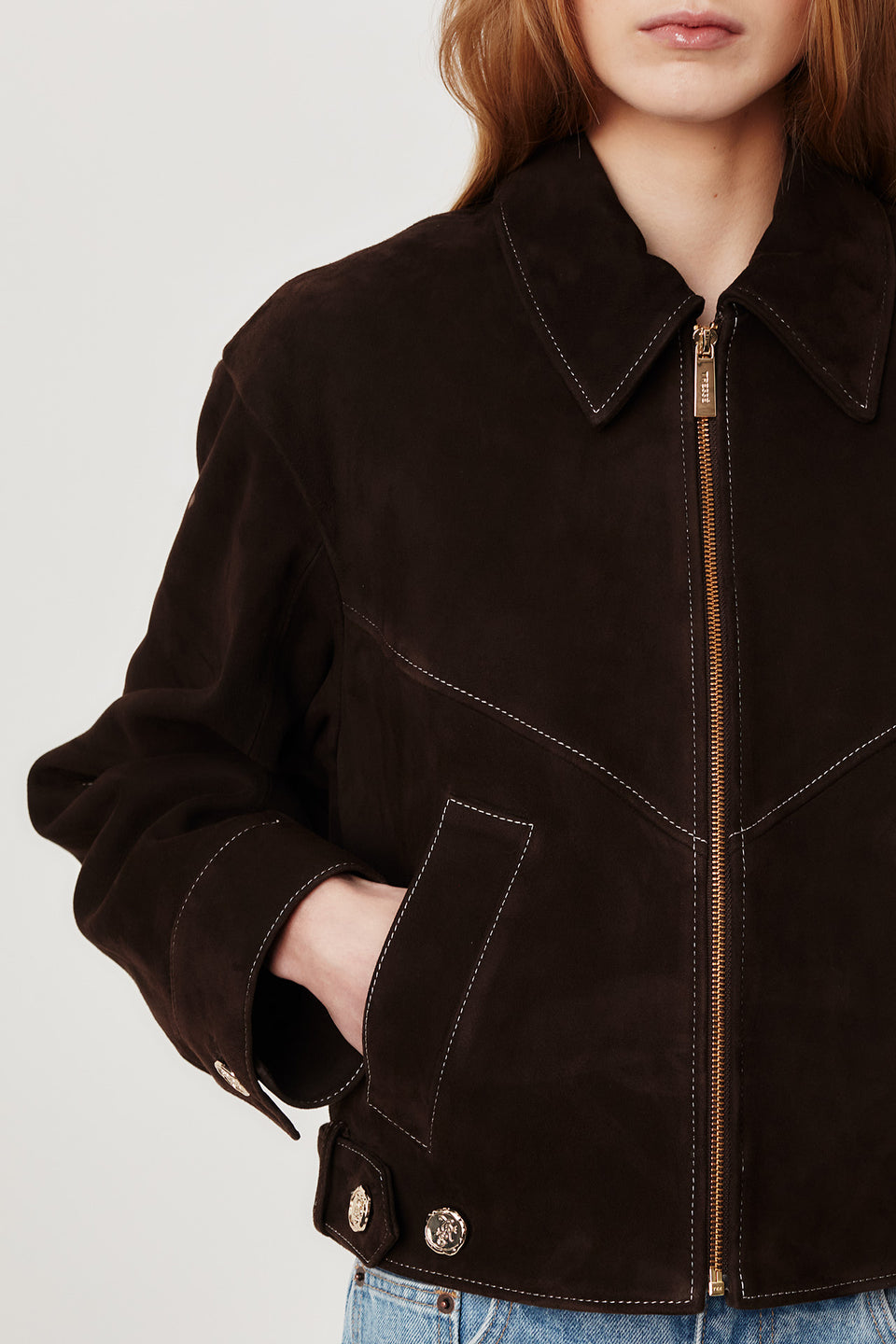 Veste en daim à surpiqûres