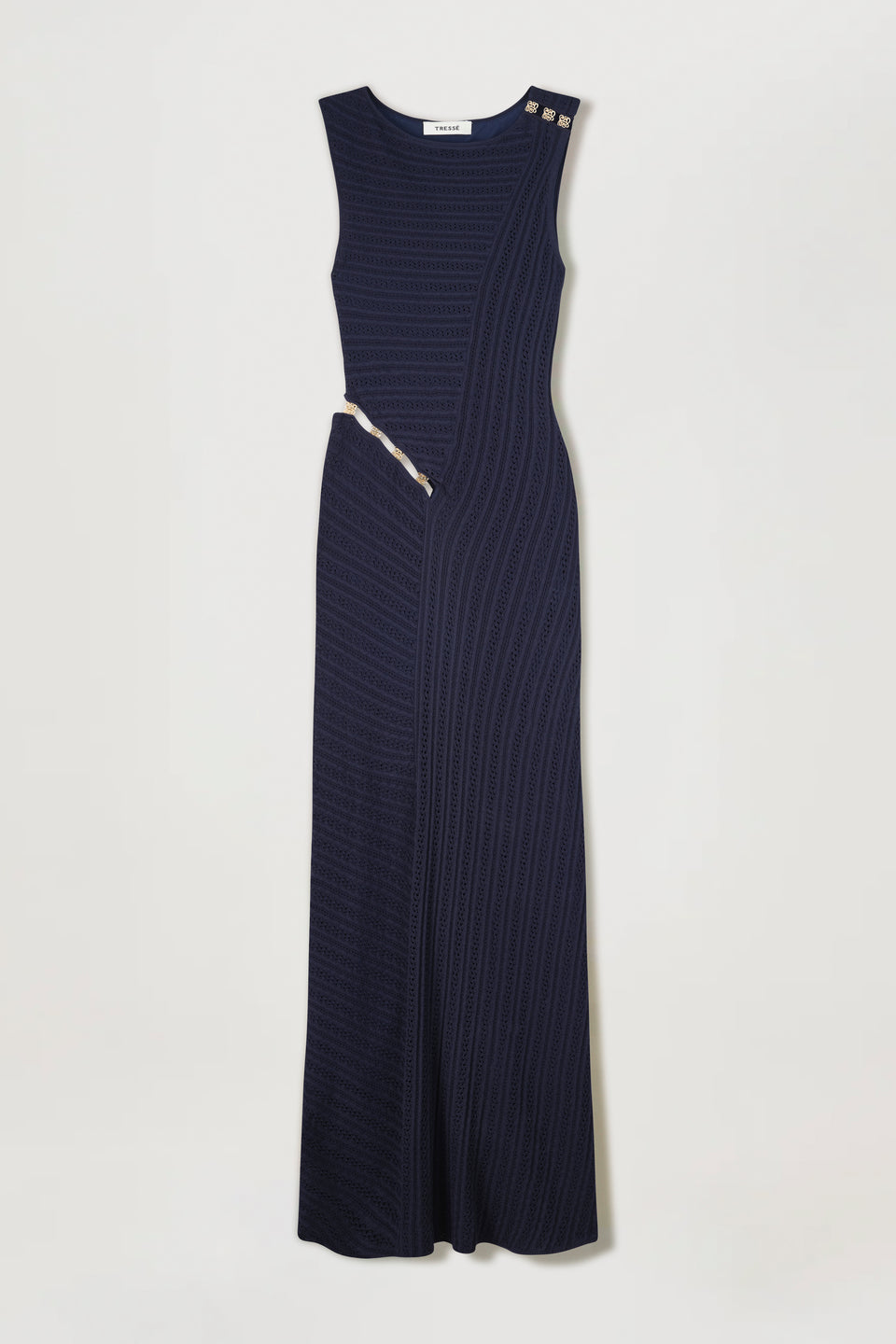 Robe longue en maille à bijoux dorés