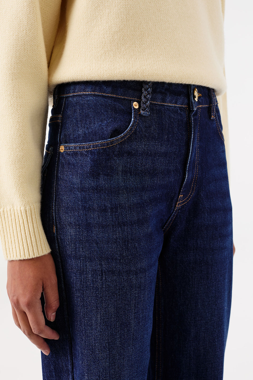 Raw denim jeans with flap waistband