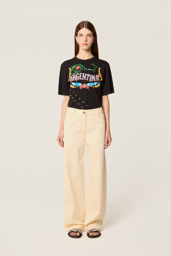 Pantalon écru à ceinture boutonnée