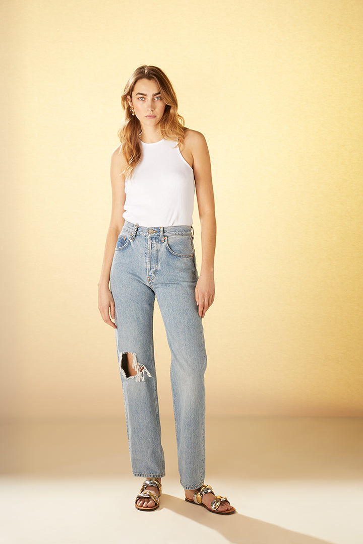 High-waisted straight-leg washed denim
