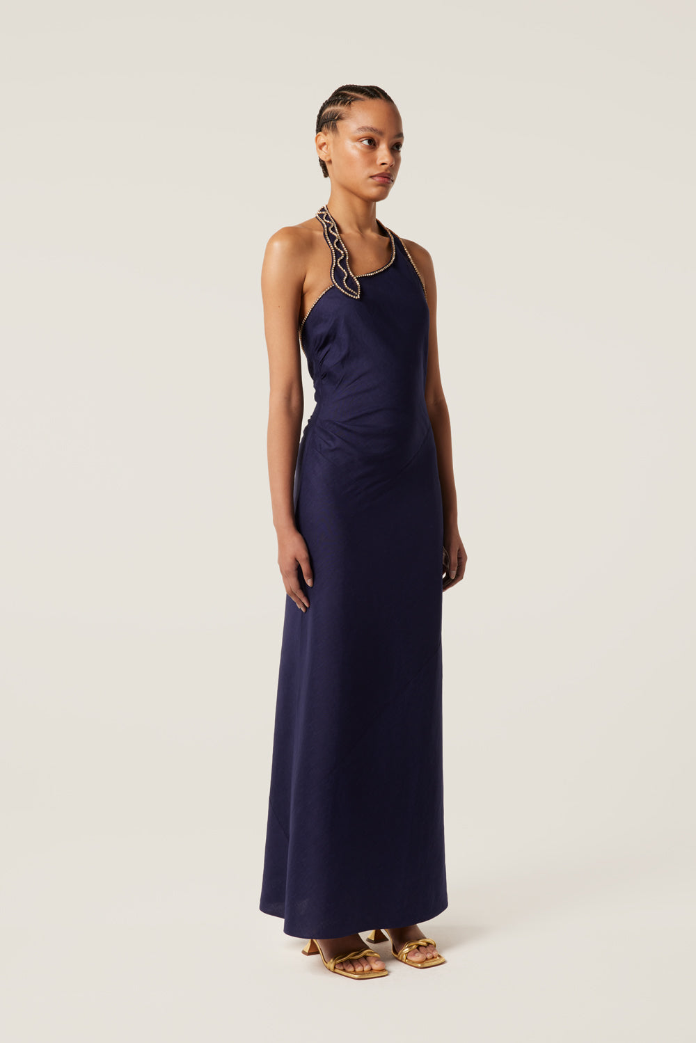 Long dress with rhinestone snake neckline