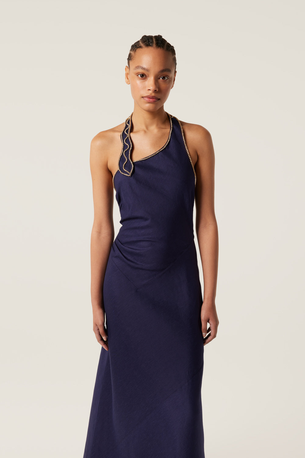 Long dress with rhinestone snake neckline