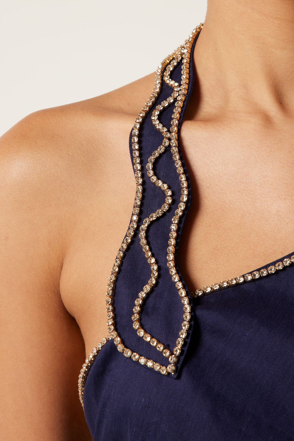 Long dress with rhinestone snake neckline