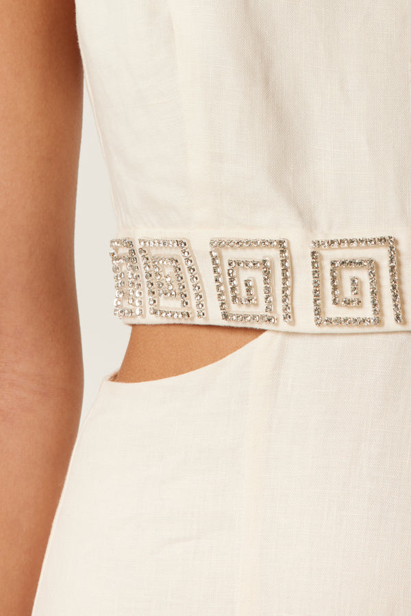 Robe longue dos nu à spirales strass