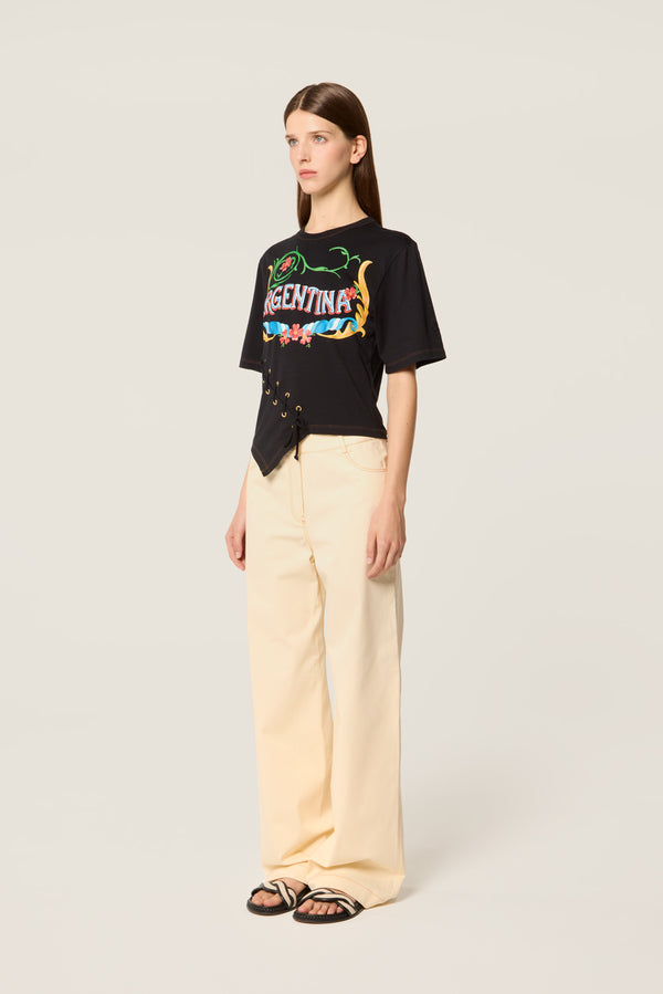 Pantalon écru à ceinture boutonnée