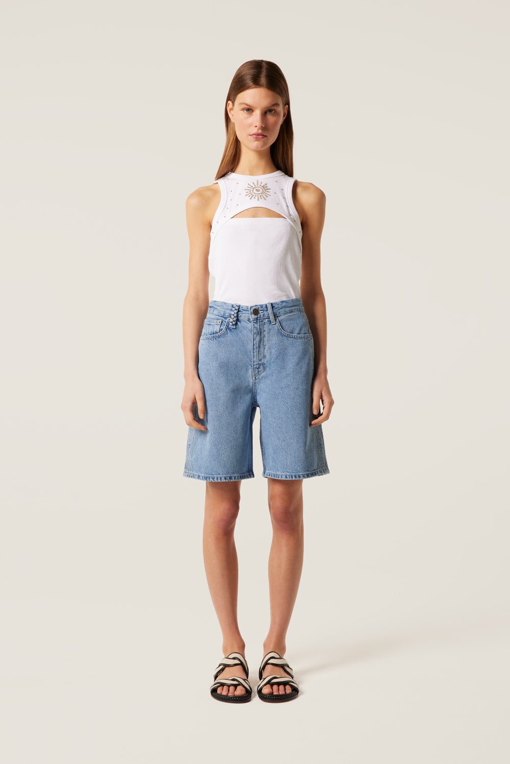 Denim Bermuda shorts with braid embroidery