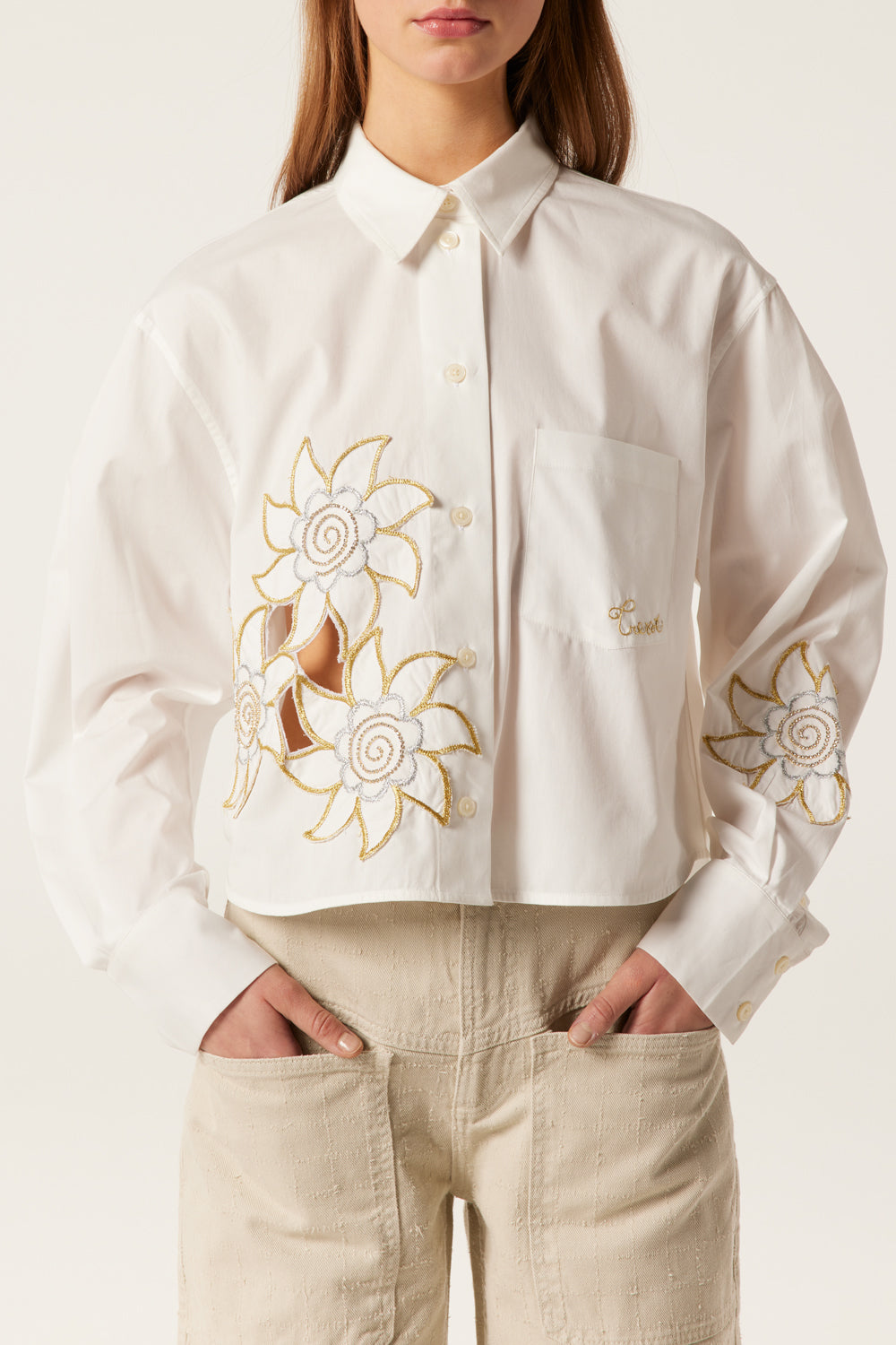 Short shirt with gold embroidery