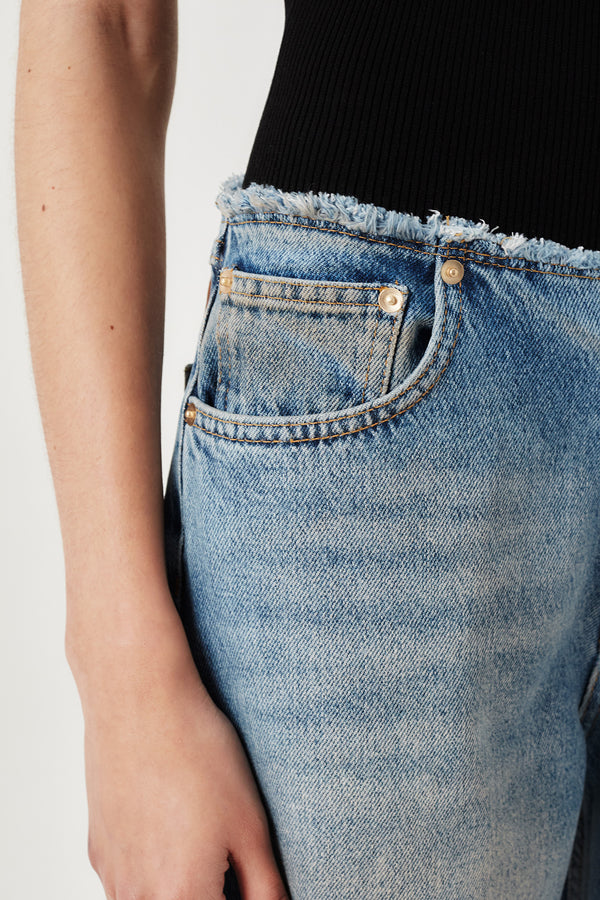 Raw-edge belted denim