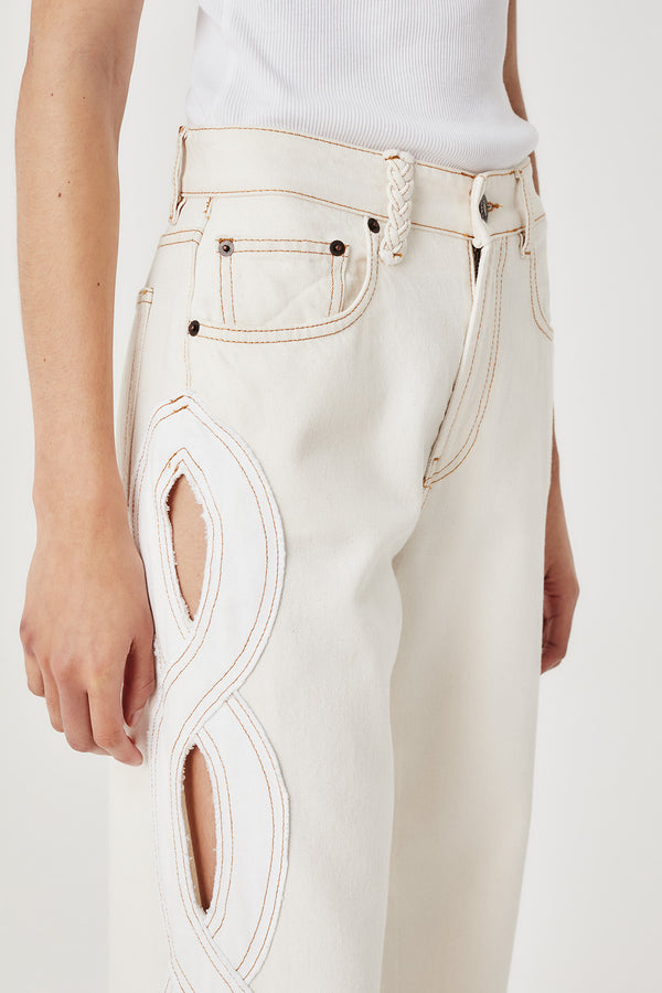 Denim with ecru braid opening