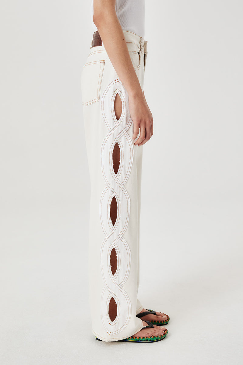 Denim with ecru braid opening