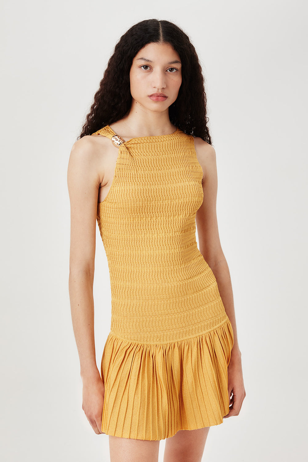 Gold knit dress with ruffles