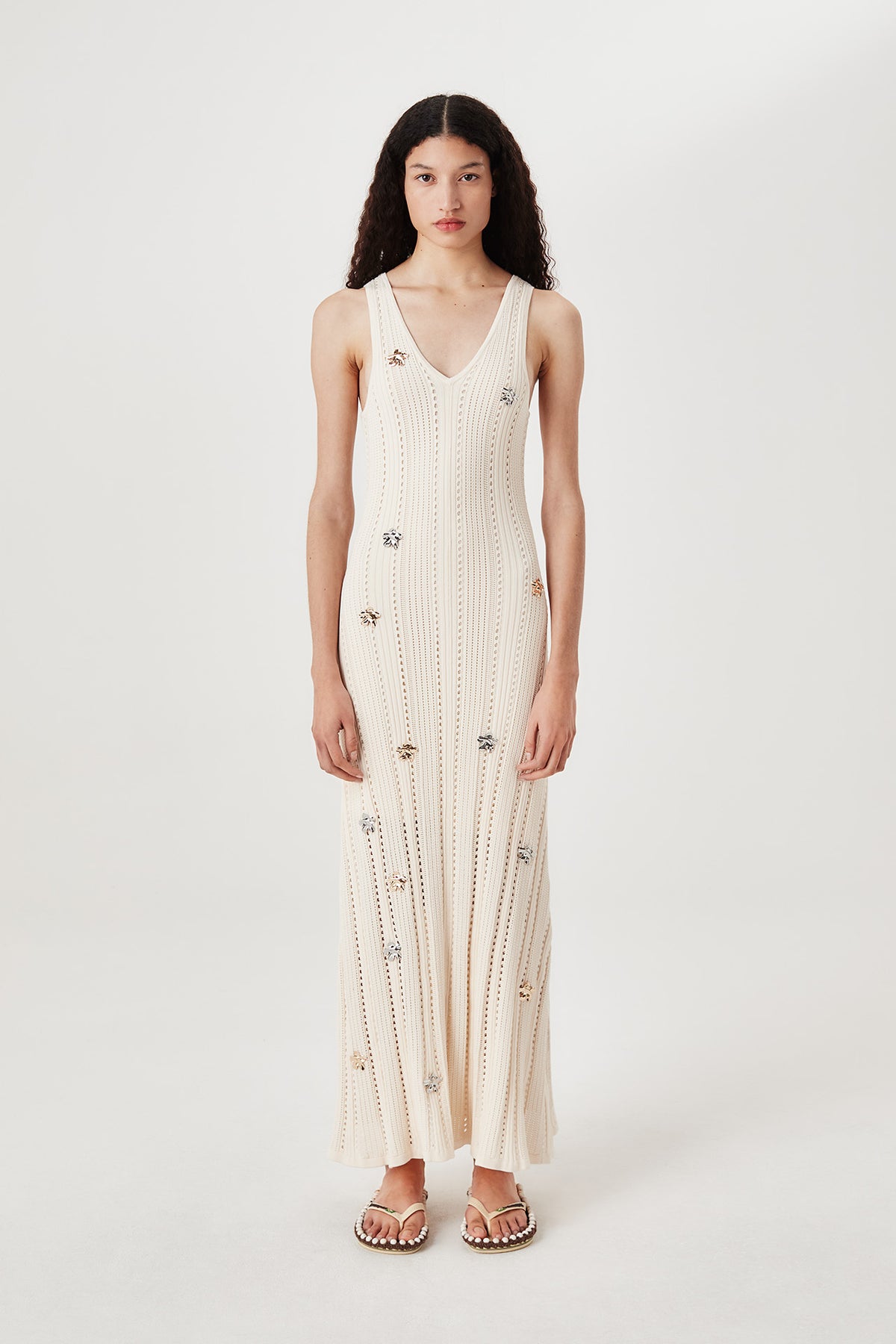 Robe longue à fleurs métalliques