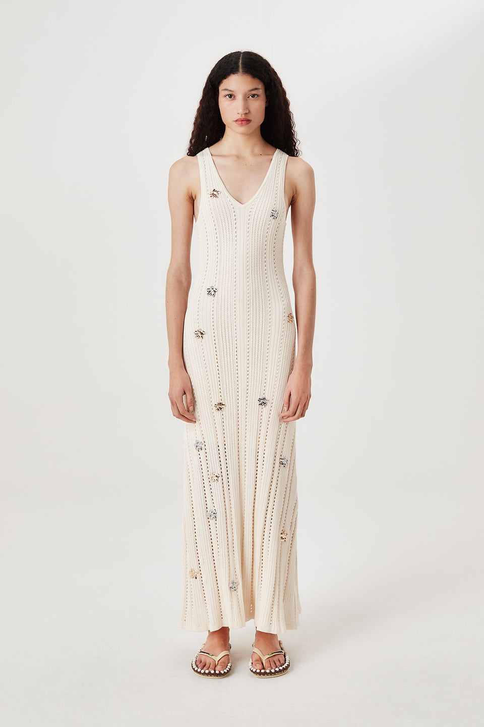 Robe longue à fleurs métalliques