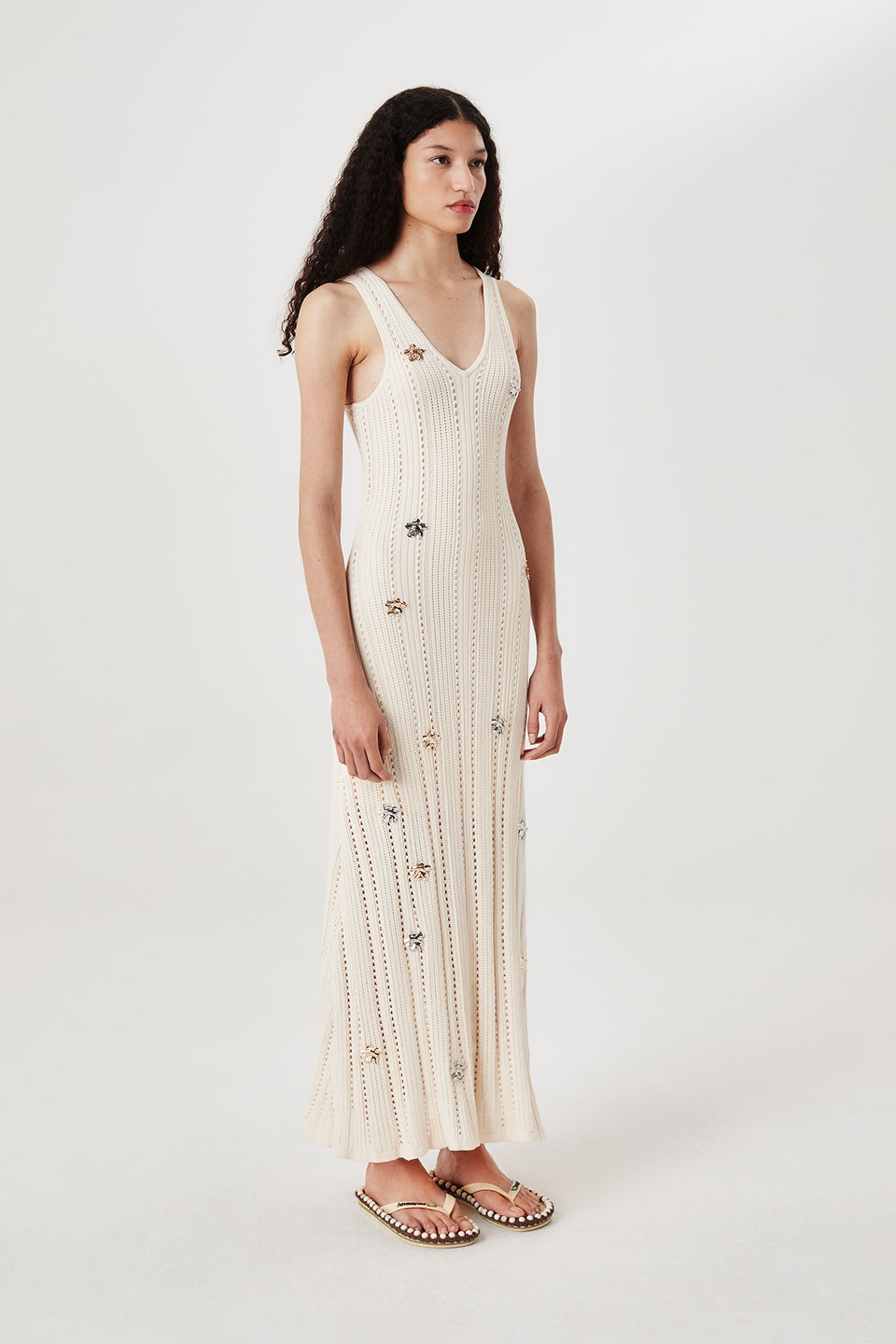 Robe longue à fleurs métalliques
