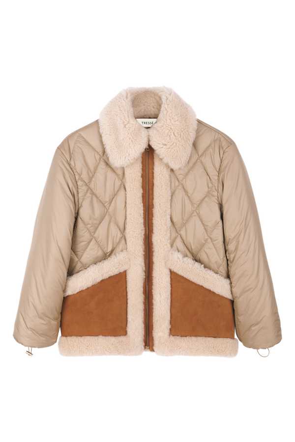 Quilted down jacket with shearling details