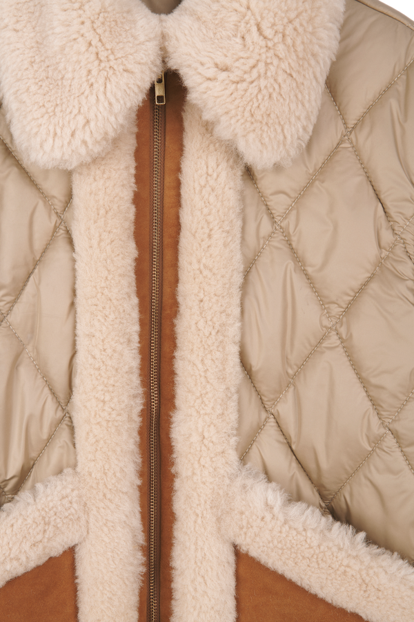 Quilted down jacket with shearling details