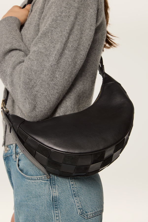 Sac bandoulière motif damier bi-matière