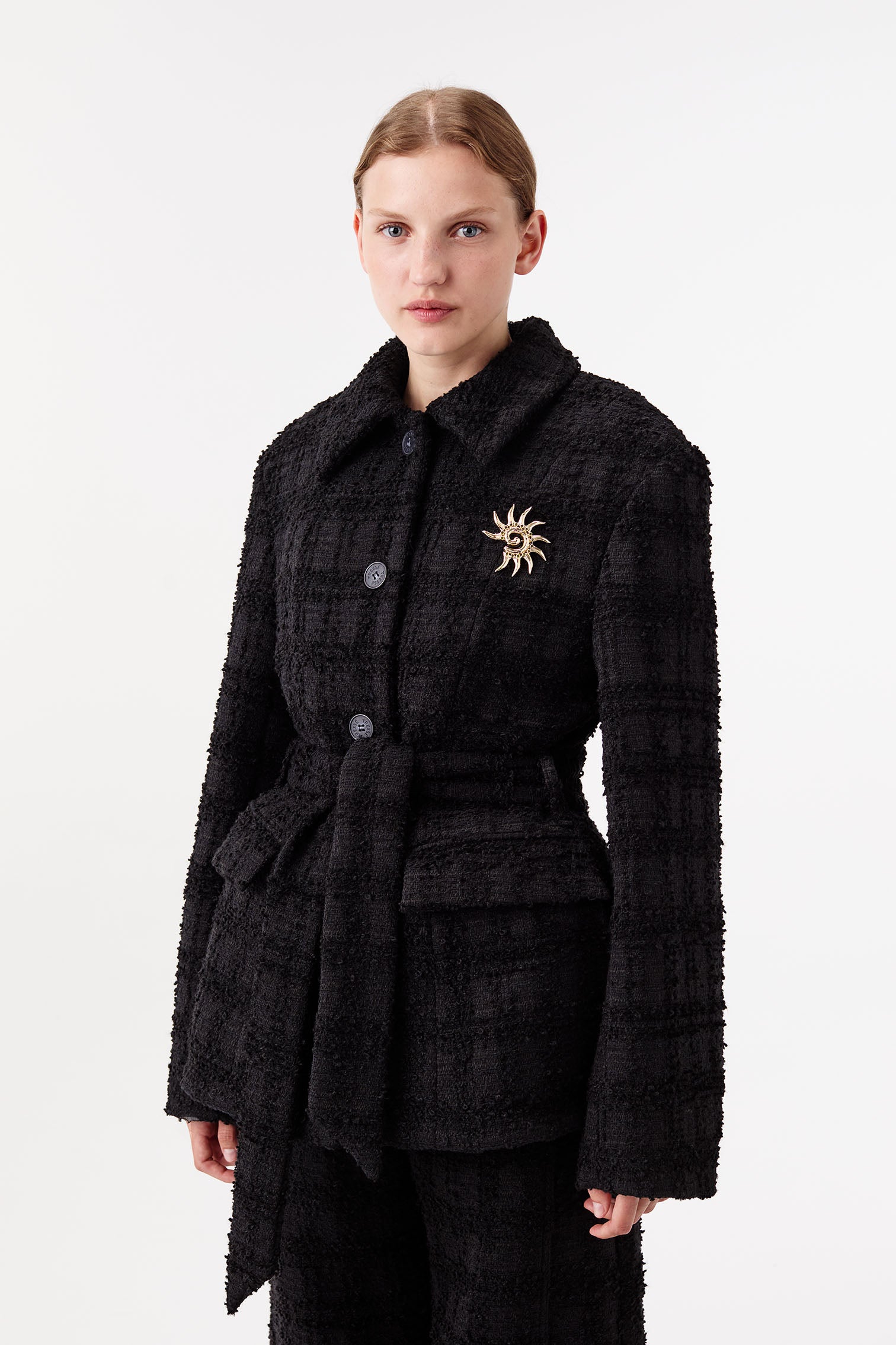 Black Belted Tweed Jacket with Gold-Tone Brooch | Tressé