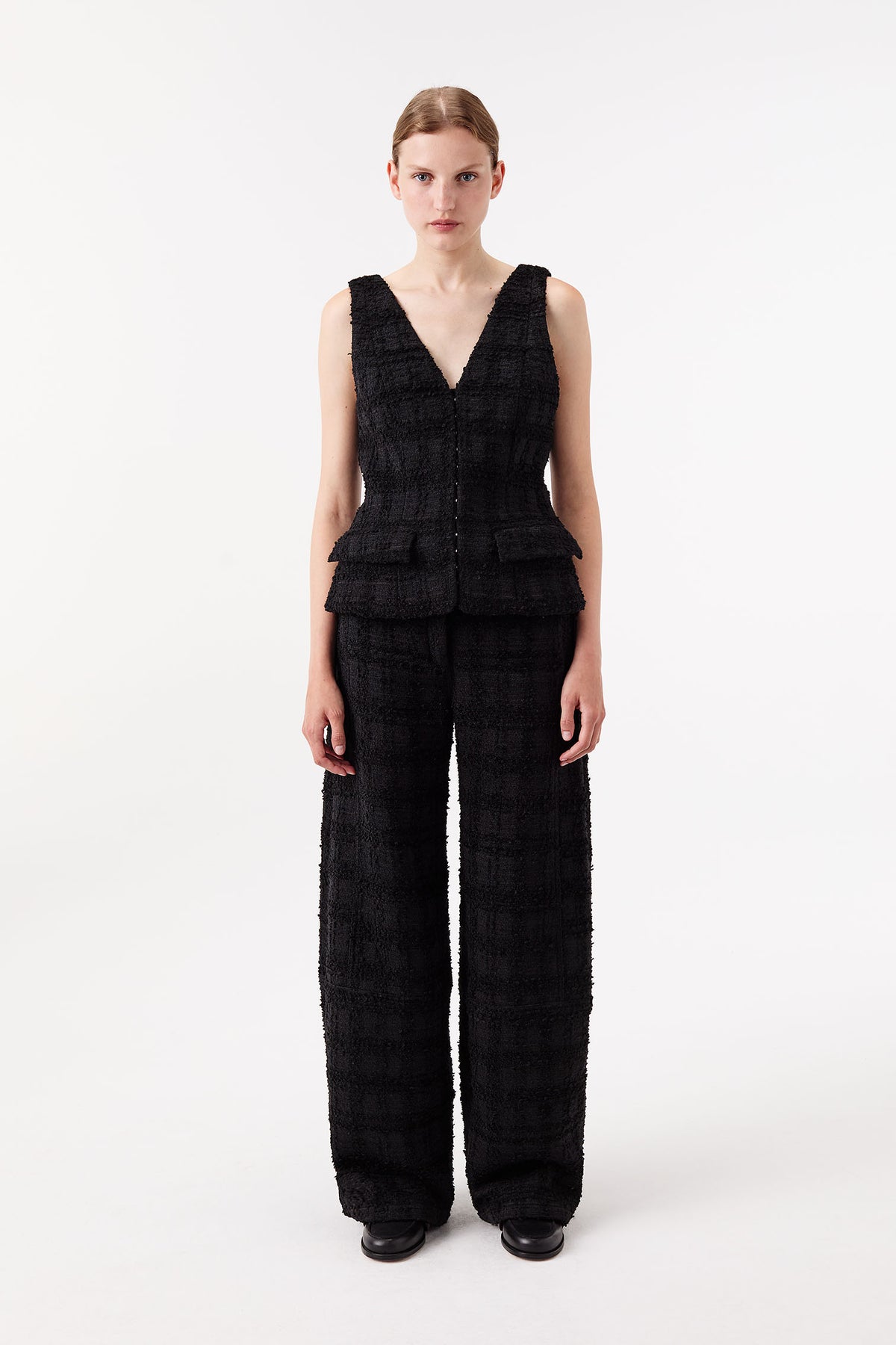 Tweed top with gold brooch