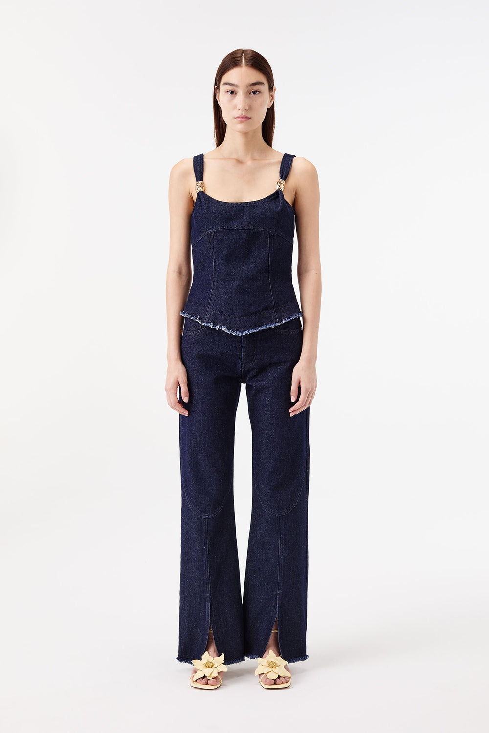 Top en denim à bijoux dorés
