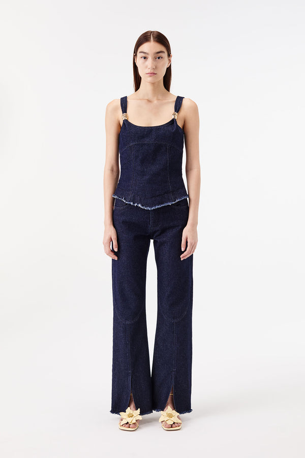 Top en denim à bijoux dorés