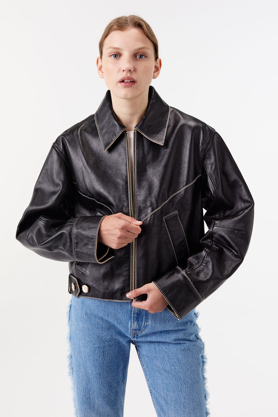Veste en cuir à bords francs