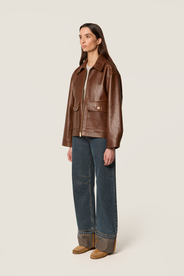 Leather jacket with bib