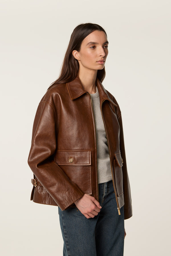 Leather jacket with bib