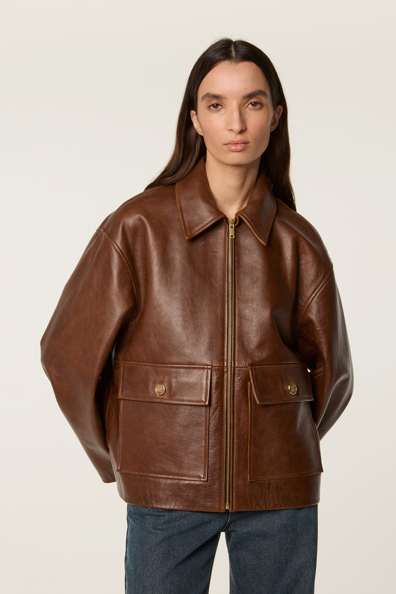 Leather jacket with bib