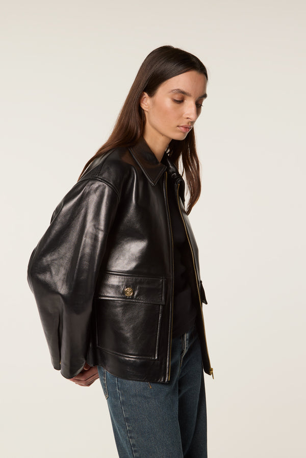 Leather jacket with bib