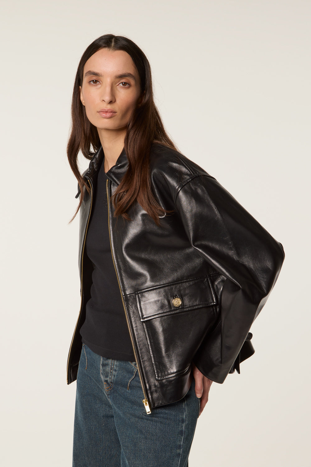 Leather jacket with bib