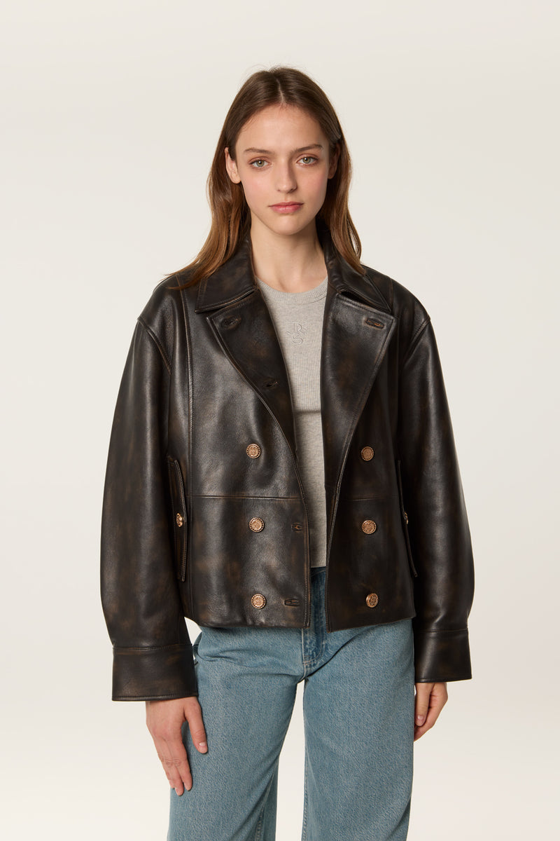 Veste en cuir à double boutonnage