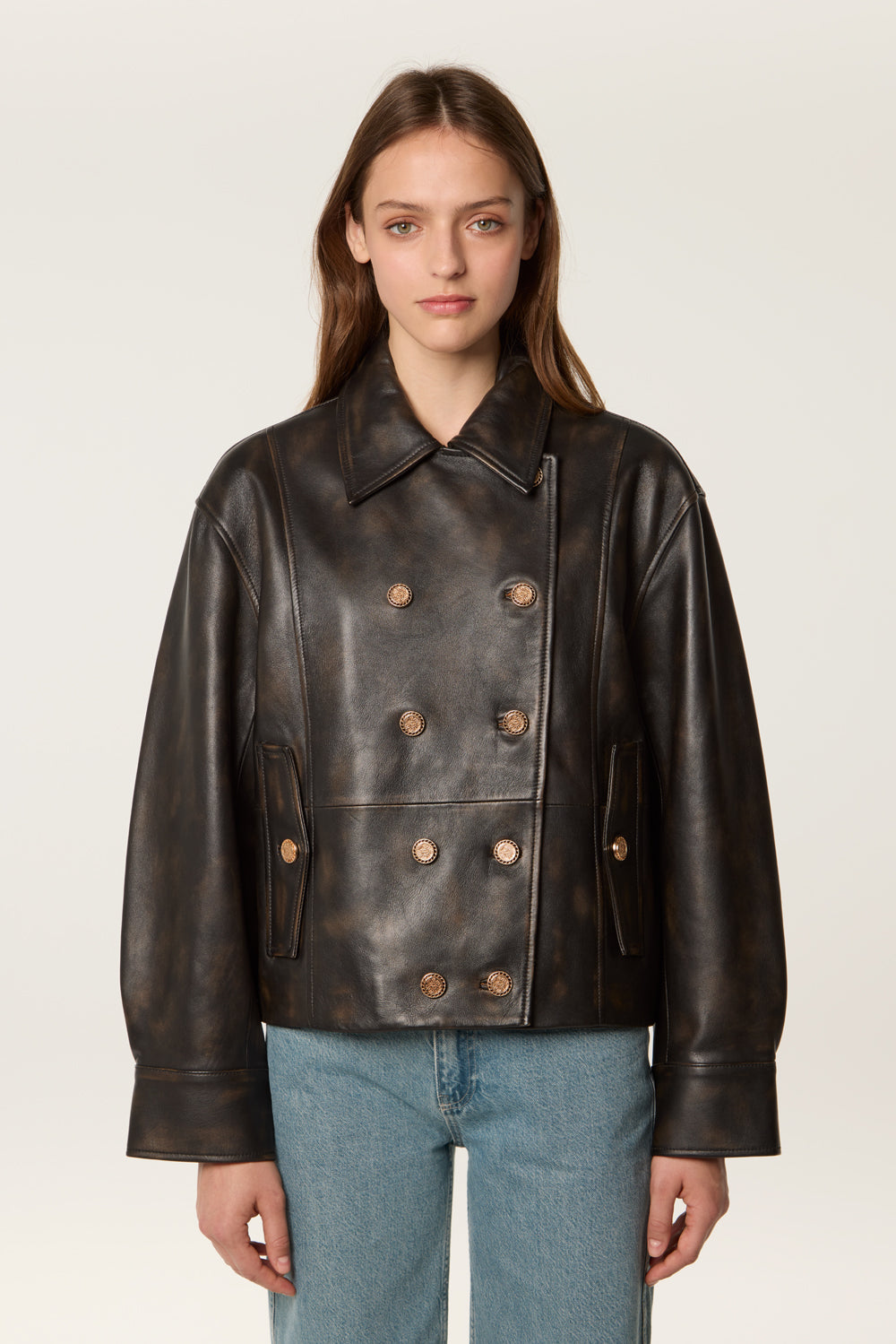 【BUTTON DOUBLE BREASTED LEATHER JACKET】 Double-breasted leather jacket