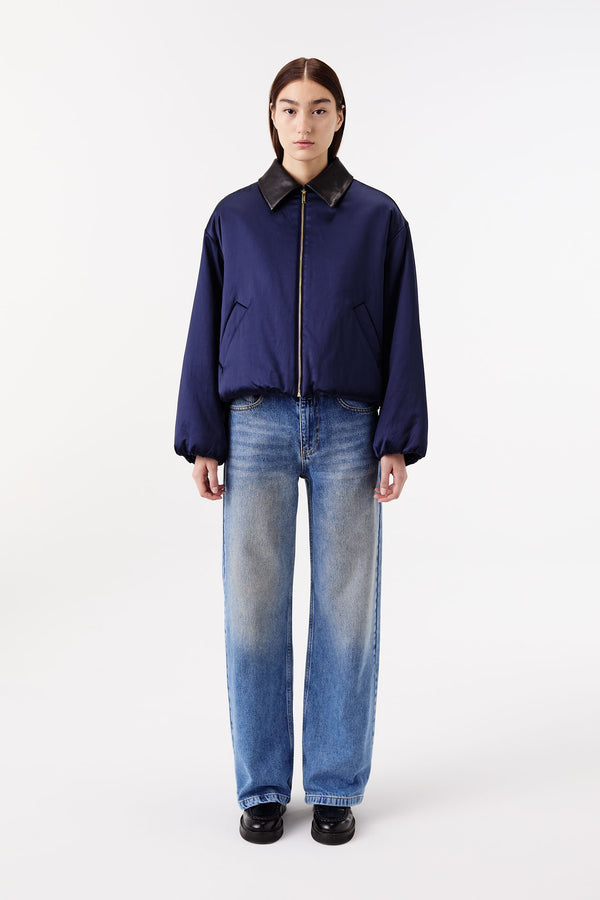 Satin jacket with a leather collar