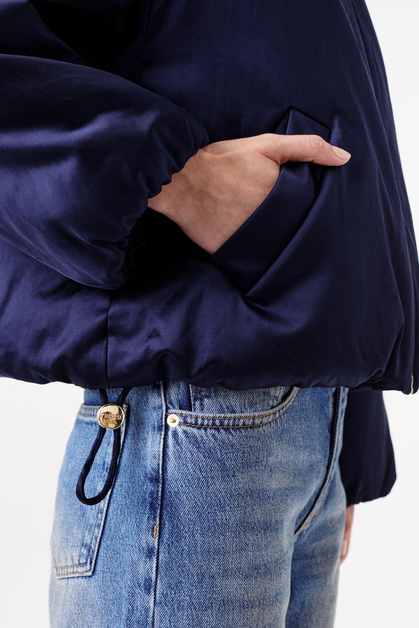 Satin jacket with a leather collar