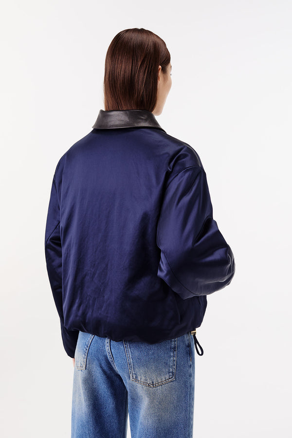 Satin jacket with a leather collar