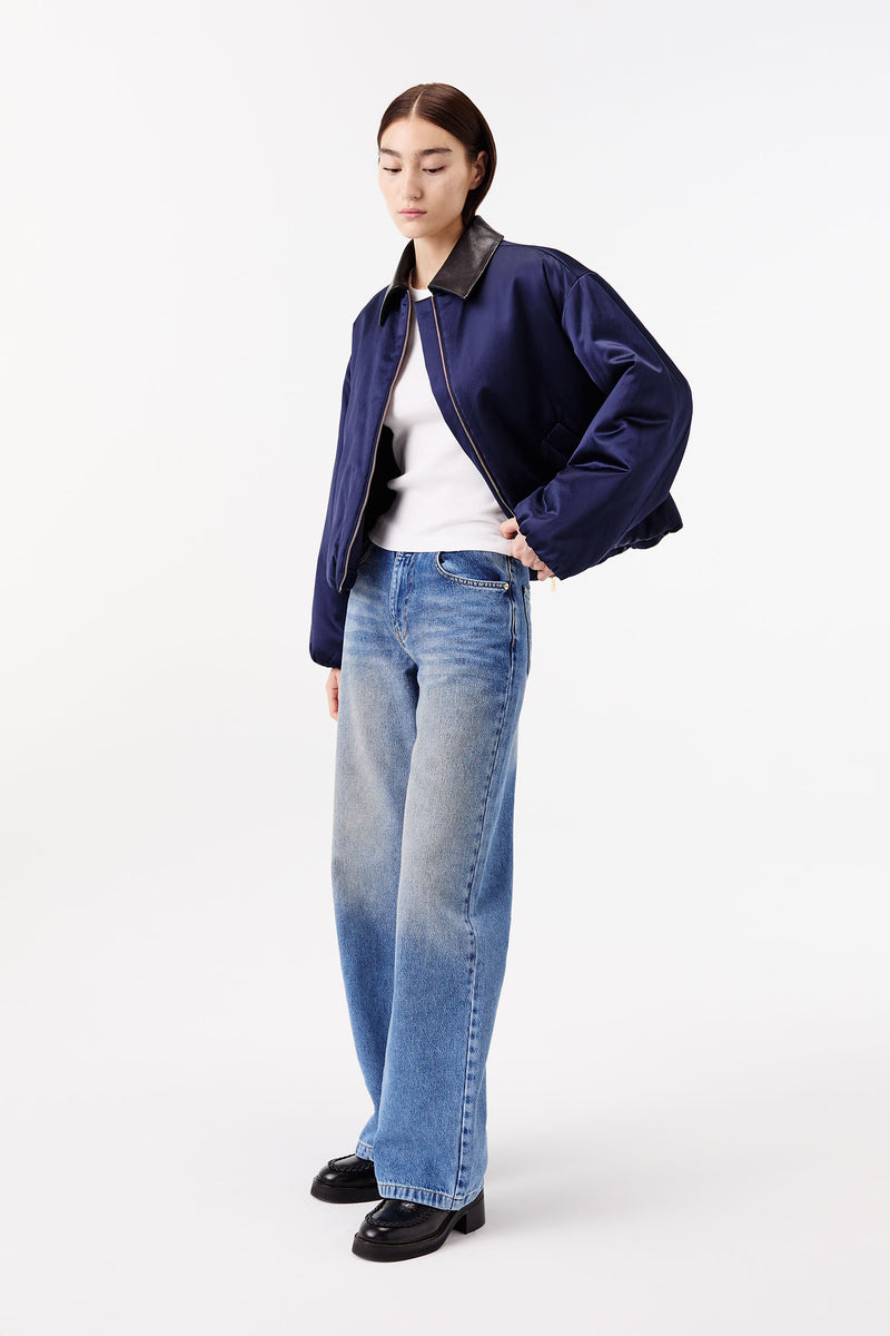 Satin jacket with a leather collar