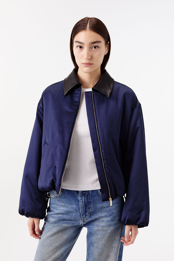 Satin jacket with a leather collar