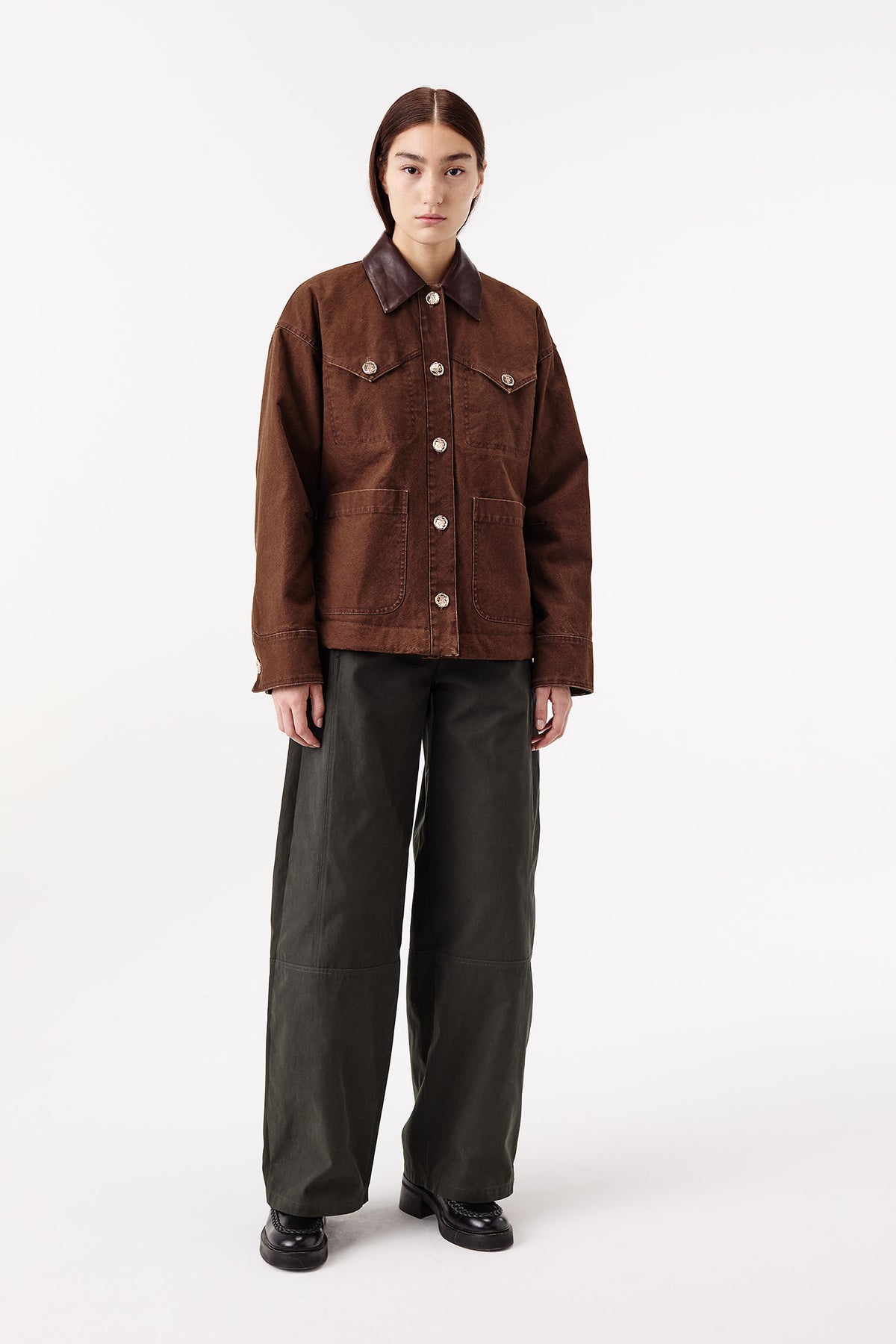 Cotton canvas jacket with leather collar