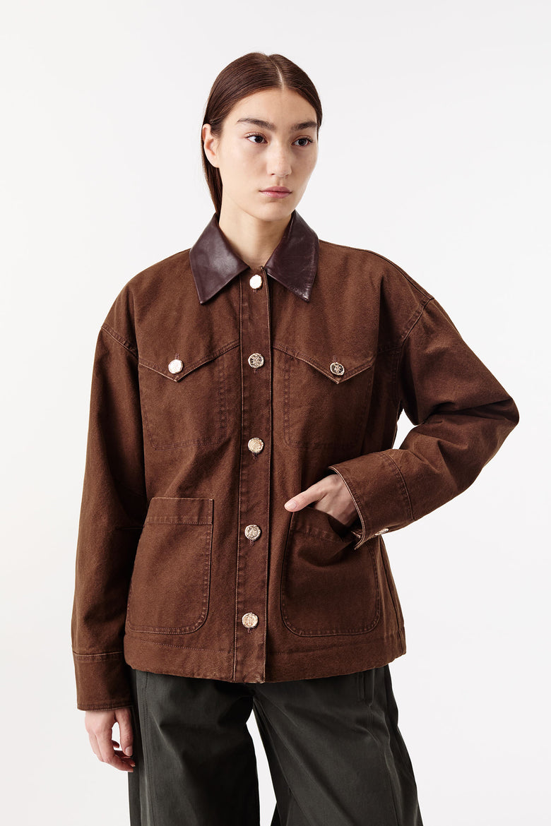 Cotton canvas jacket with leather collar
